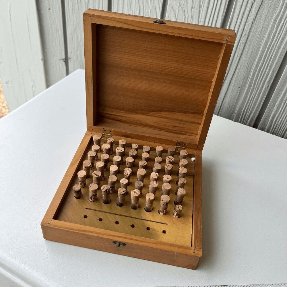 Vintage Wood Box w/ 48 Glass Vials – Watchmaker or Perfume Kit